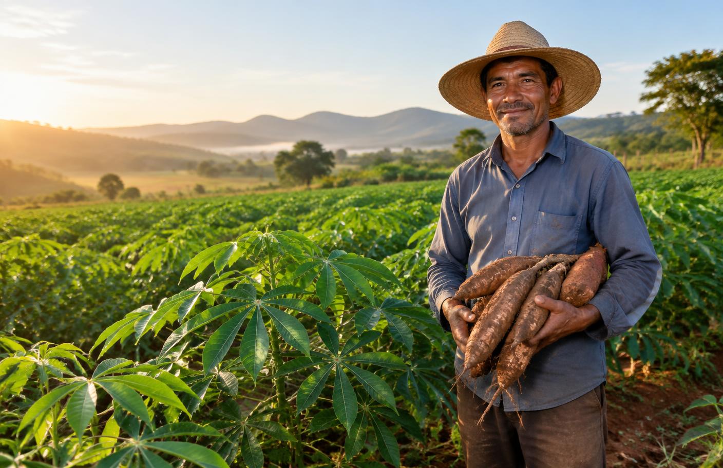 Produtor familiar em plantação de mandioca